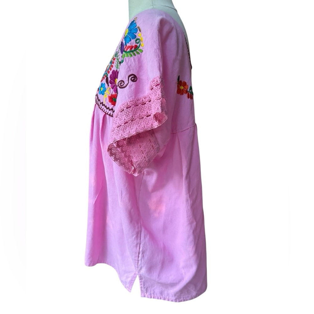 Vintage Mexican Cotton Canvas Crochet Lace Sleeves Embroidered Peasant Top‎ - Picture 6 of 8